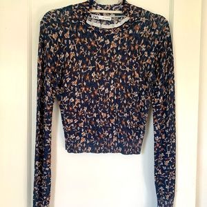 Navy Blue Floral Knit Long Sleeve Blouse